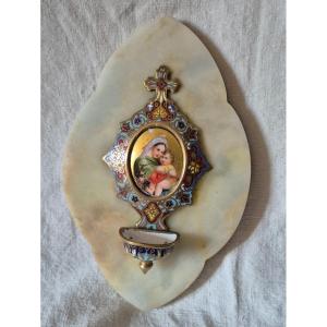 Gilt Bronze And Cloisonné Enamel Bedside Font Miniature Virgin And Child 