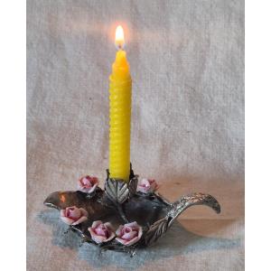 Miniature Silver And Porcelain Roses Hand Candle Holder 