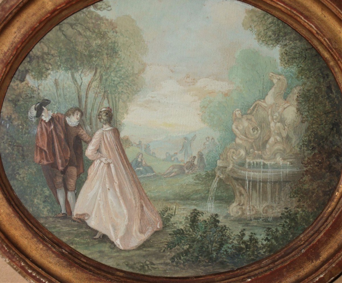 French School 18th. Gallant Scene In A Park, A Fountain On The Right. Framed Gouache.-photo-2