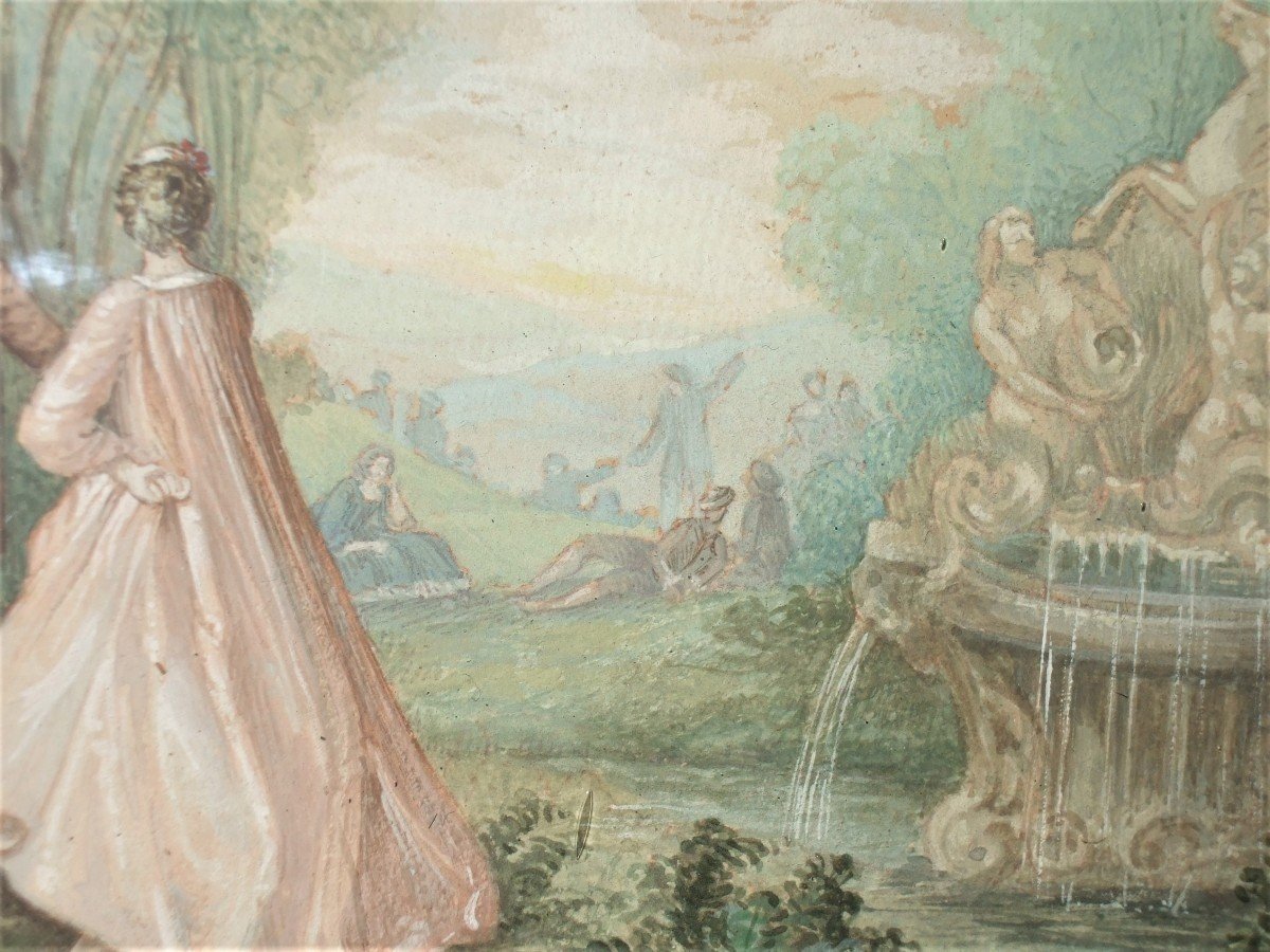 French School 18th. Gallant Scene In A Park, A Fountain On The Right. Framed Gouache.-photo-1