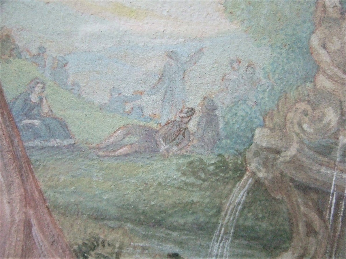 French School 18th. Gallant Scene In A Park, A Fountain On The Right. Framed Gouache.-photo-2