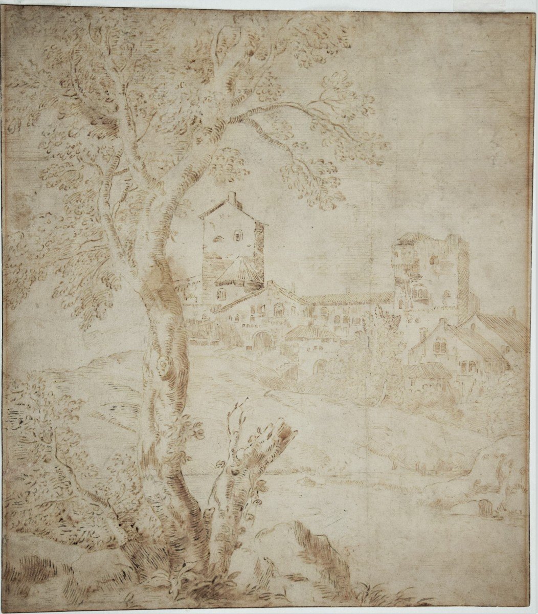 Marco Ricci. Landscape With A Residence, A Tree In The Foreground. Watermark 3 Crescents.-photo-2