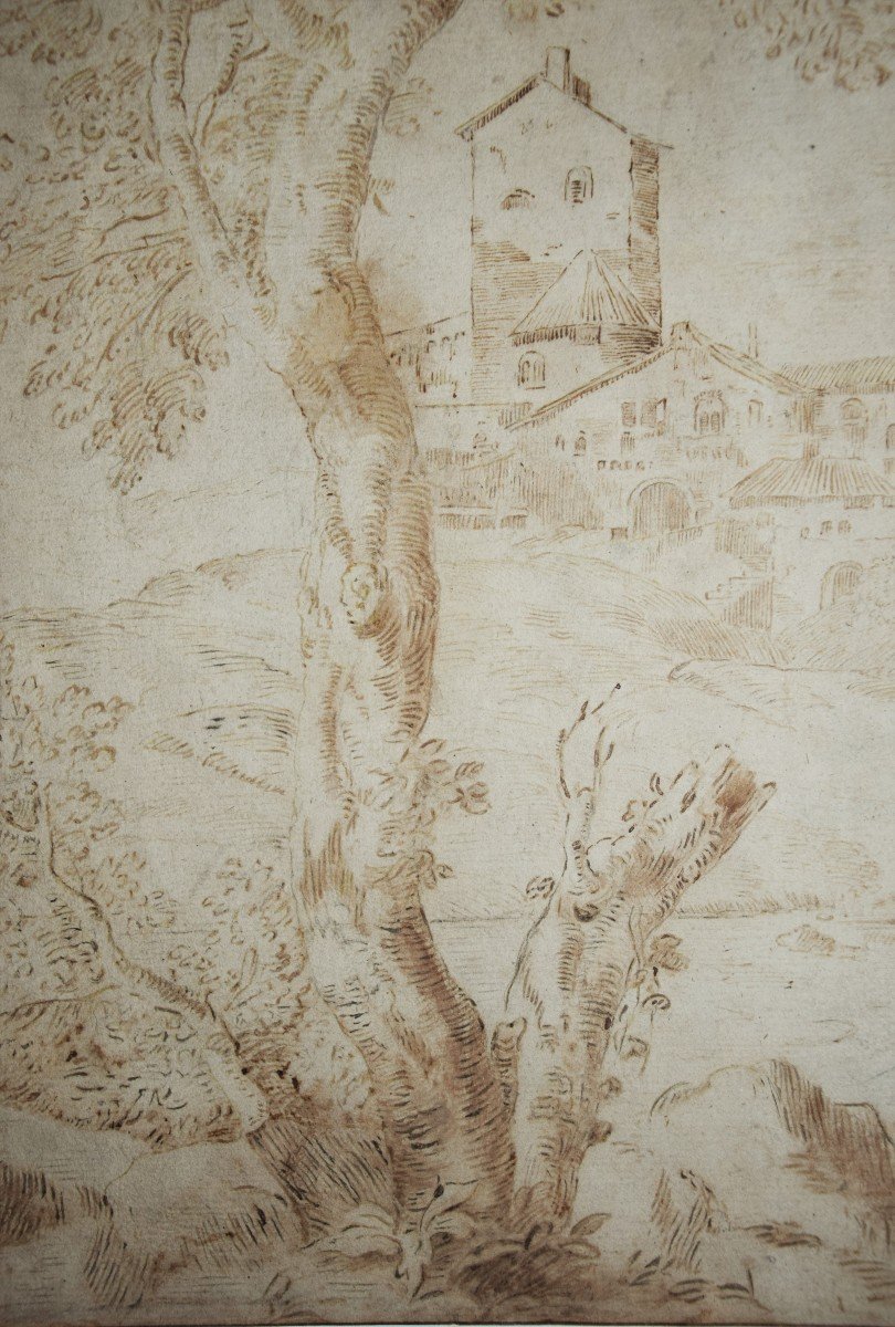 Marco Ricci. Landscape With A Residence, A Tree In The Foreground. Watermark 3 Crescents.-photo-3