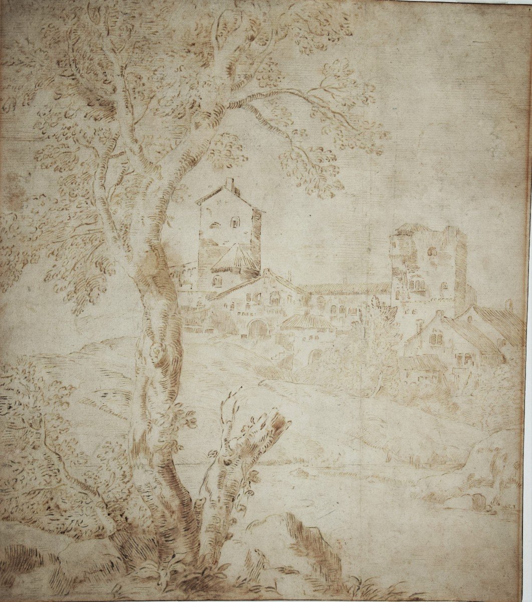 Marco Ricci. Landscape With A Residence, A Tree In The Foreground. Watermark 3 Crescents.