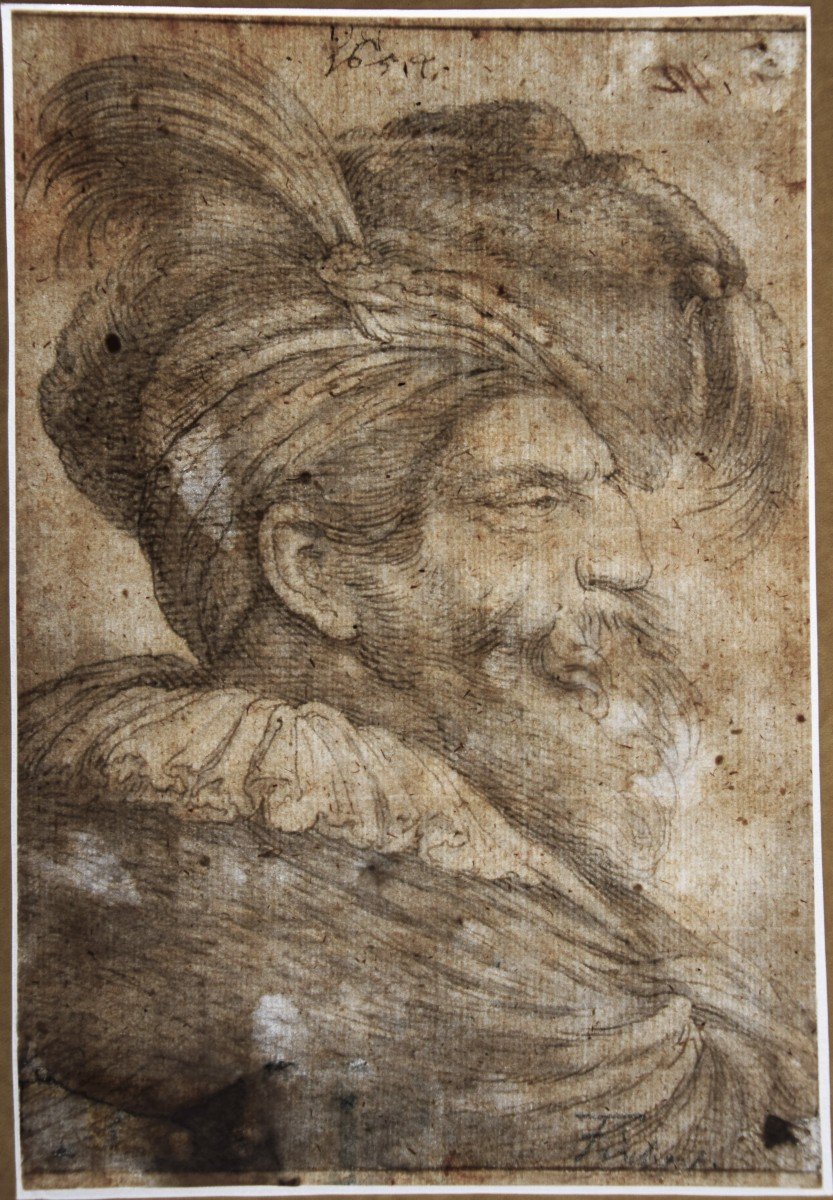 18th Century School, After Castiglione. Head Of A Bearded Man Wearing An Egret Cap.-photo-3