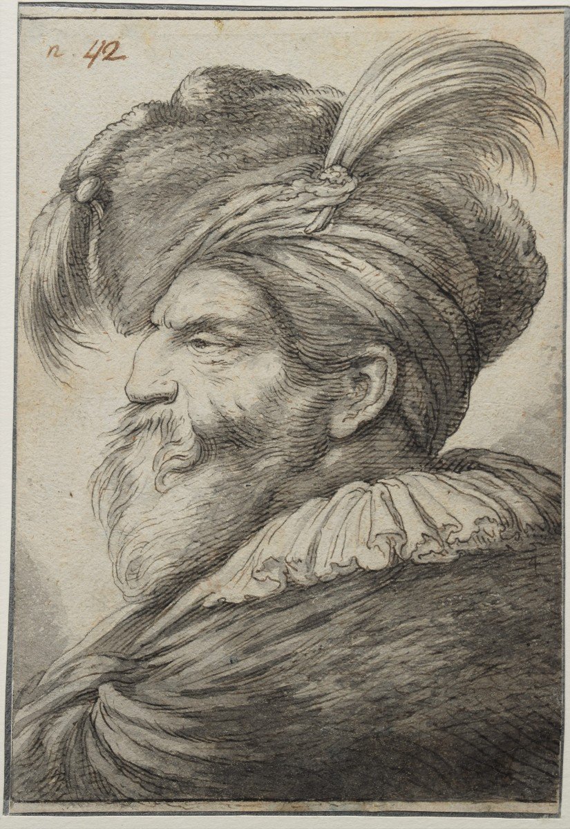 18th Century School, After Castiglione. Head Of A Bearded Man Wearing An Egret Cap.