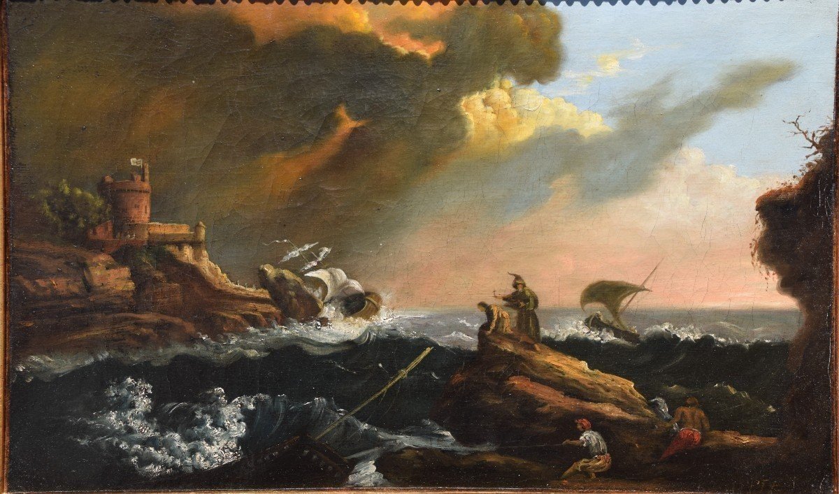 French School, Circa 1800. Boats In The Storm.