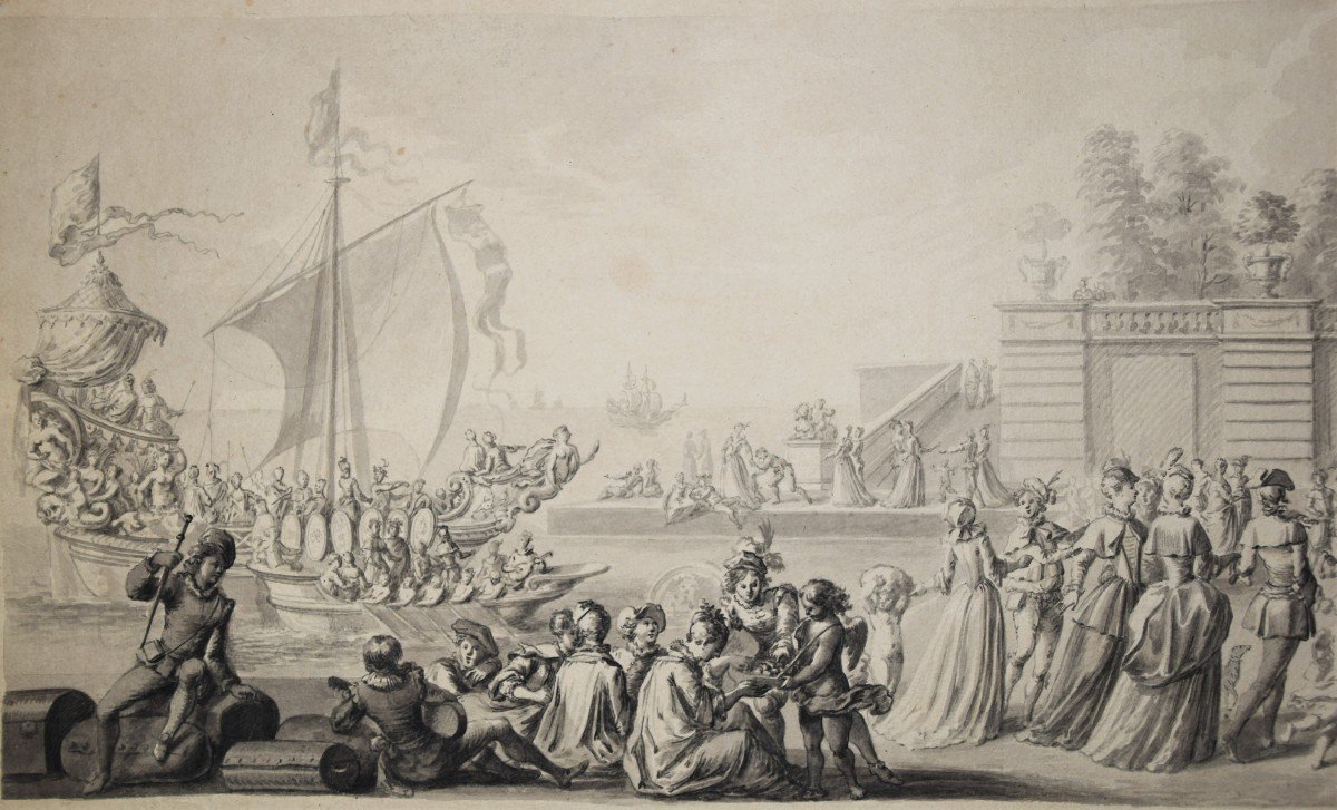 Italian School Circa 1750. Seaside Party. Large Format.-photo-2