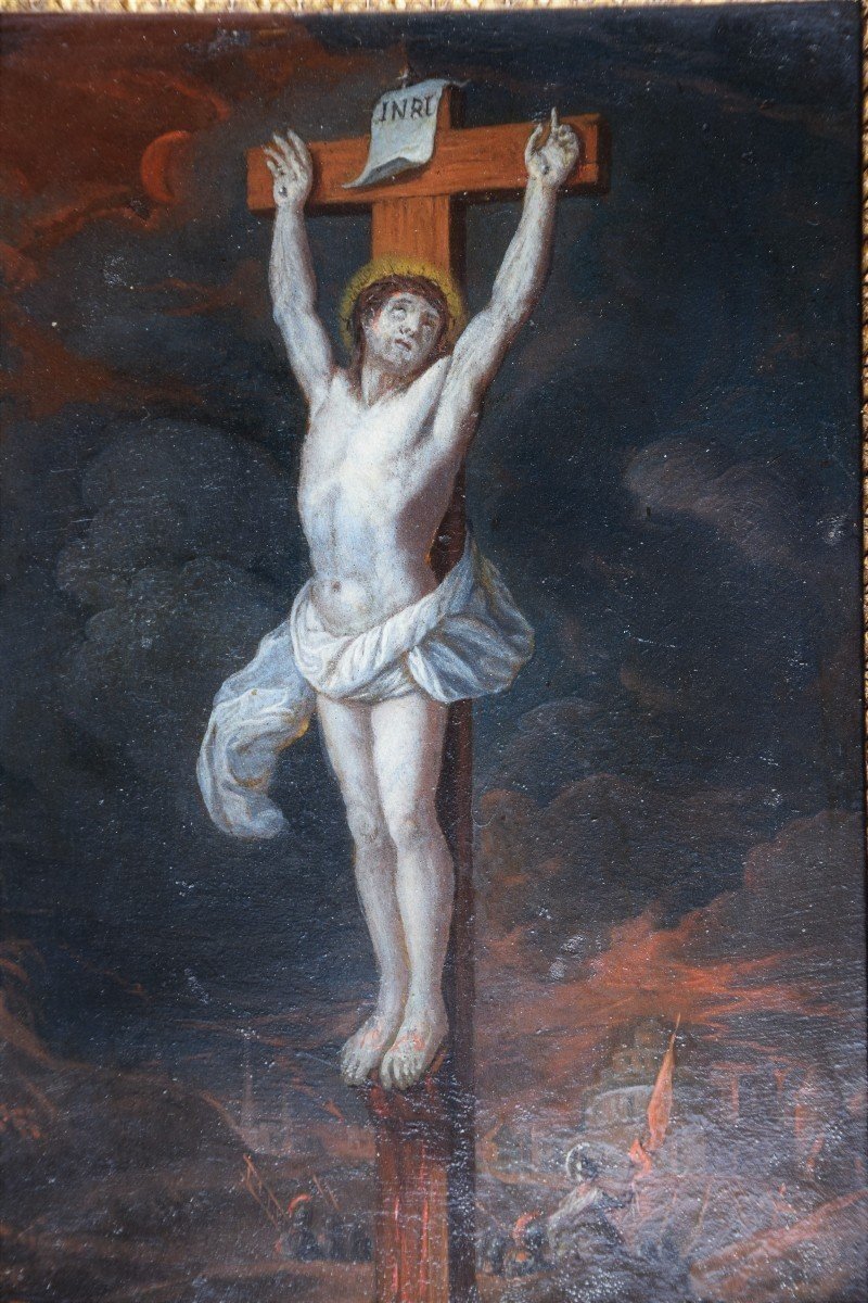 Ecole Flamande, Vers 1700. Le Christ Sur La Croix. Huilz Sur Cuivre.-photo-2