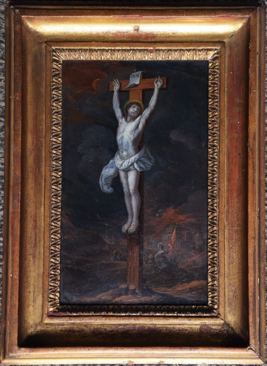 Ecole Flamande, Vers 1700. Le Christ Sur La Croix. Huilz Sur Cuivre.-photo-3