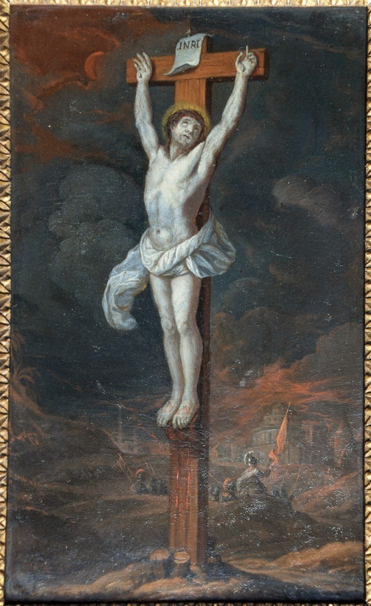 Ecole Flamande, Vers 1700. Le Christ Sur La Croix. Huilz Sur Cuivre.