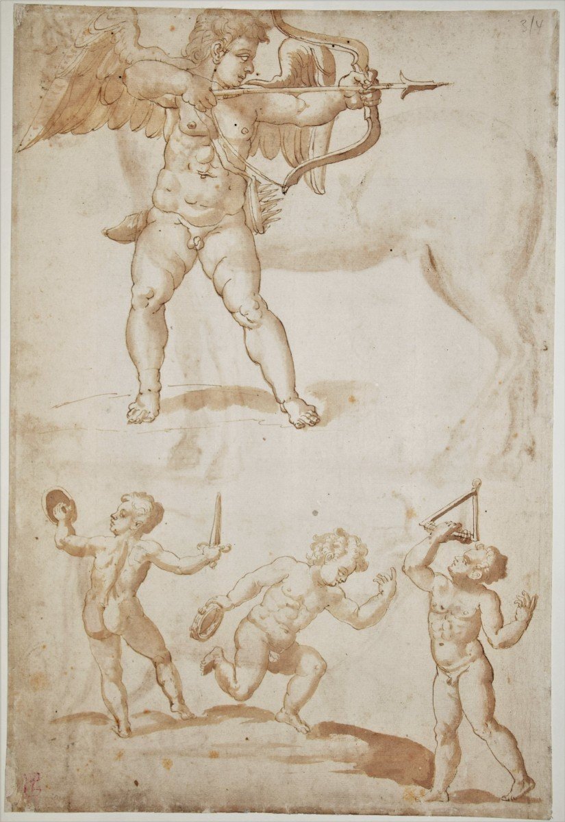 Italian School, Late 16th Century. Study Of A Horse & A Bull. Cupid On The Back. Bürgi Coll. L.3400-photo-2