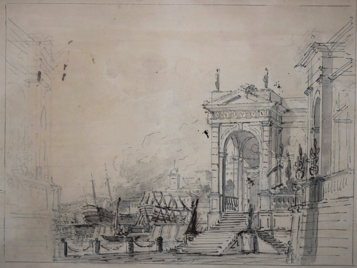 Italian School, Circa 1800. View Of A Port. 