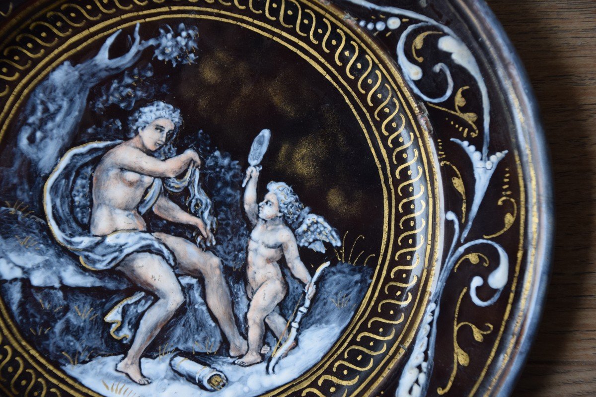 Limoges Enamel Plate. 19th Century. Venus & Cupid.-photo-3