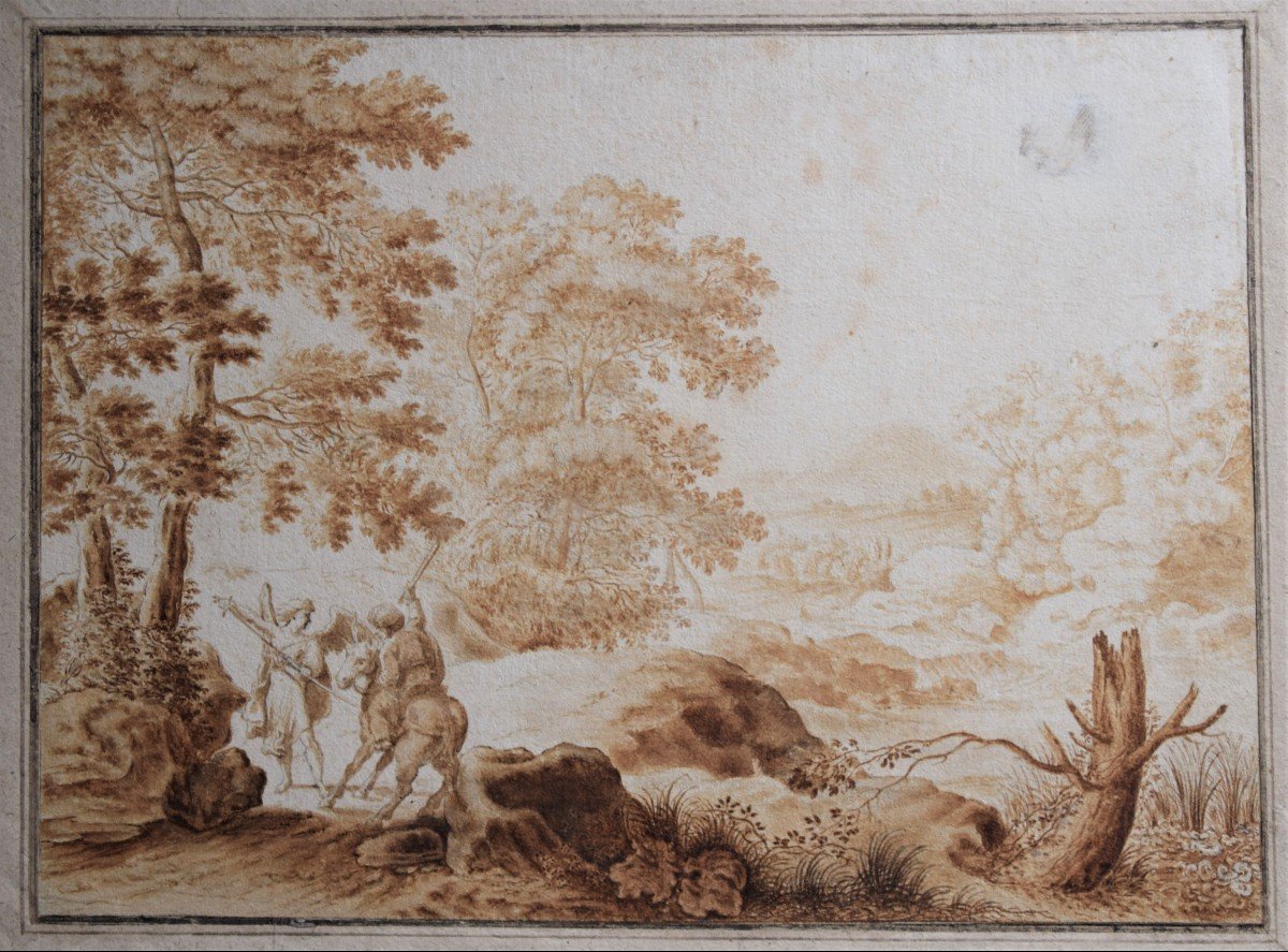 Flemish School Of The 17th Century. Landscape With Balaam On His Donkey And The Angel.