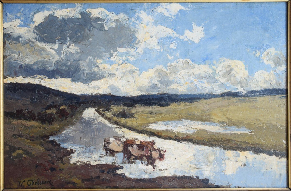 Willem Delsaux 1862 - 1945. Cows On The Bank Of A Stream. Signed.-photo-2