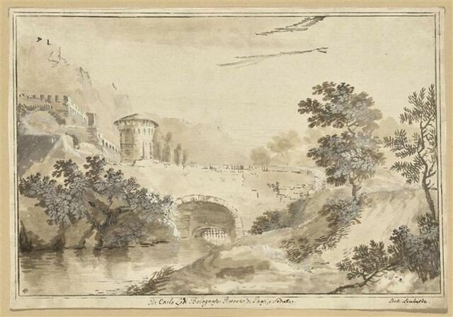 Carlo Lodi. Paysage Avec Un Pont, Animé De Promeneurs. Aux verso, esquisses d'architecture.-photo-3