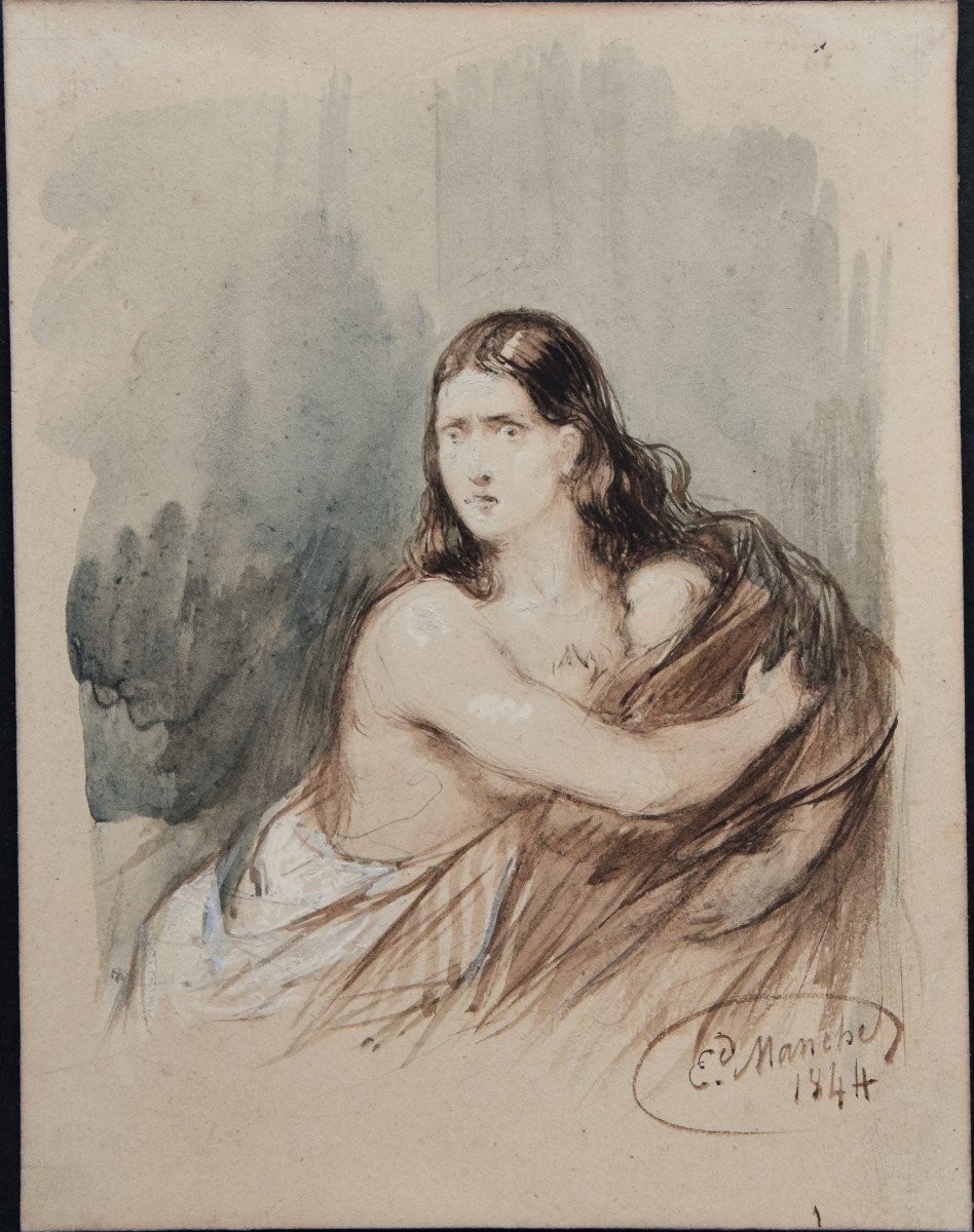Edouard Manche. Femme Protégeant Son Enfant. Signé & Daté 1844.
