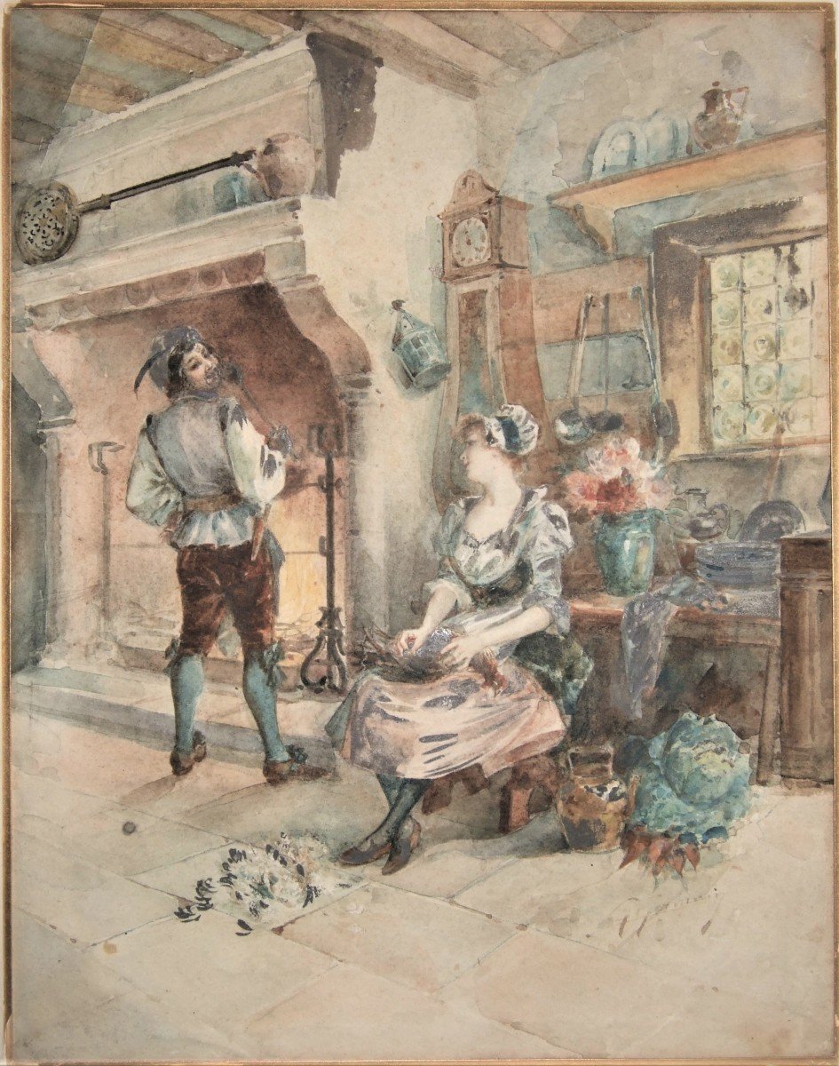 Couple In An Interior . Watercolor Signed G.germain. 19th . Framed