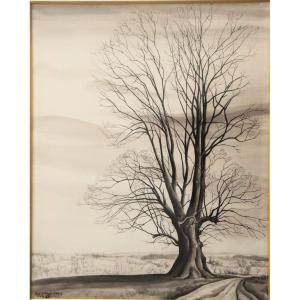 Suzanne Cocq. Winter Landscape With A Tree. Signed & Dated 1968