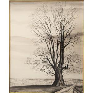 Suzanne Cocq . Paysage d'Hiver à l'Arbre. Signé & Daté 1968