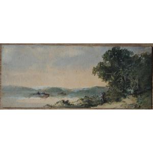 F.noric. 19th Century. Landscape With A Boat On The Edge Of A Lake, A Walker On The Bank.