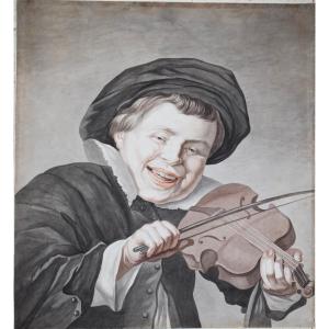 Dutch School 18th Century. Portrait Of A Violinist. Large Format ! 59 X 53 Cm.