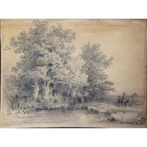 Gustave Van Hoorde. Landscape With Walkers. Signed & Dated 1859.