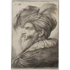 18th Century School, After Castiglione. Head Of A Bearded Man Wearing An Egret Cap.