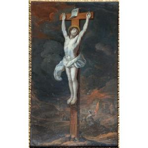 Ecole Flamande, Vers 1700. Le Christ Sur La Croix. Huilz Sur Cuivre.