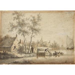 Dutch School, Circa 1800. View Of A Lake With Fishermen, Near A Village.