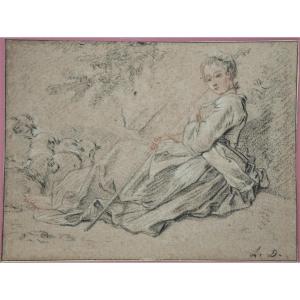 18th Century French School. Seated Shepherdess Watching Over Her Sheep.