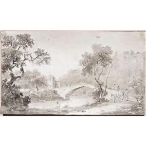 Carlo Lodi. Paysage Avec Un Pont, Animé De Promeneurs. Aux verso, esquisses d'architecture.