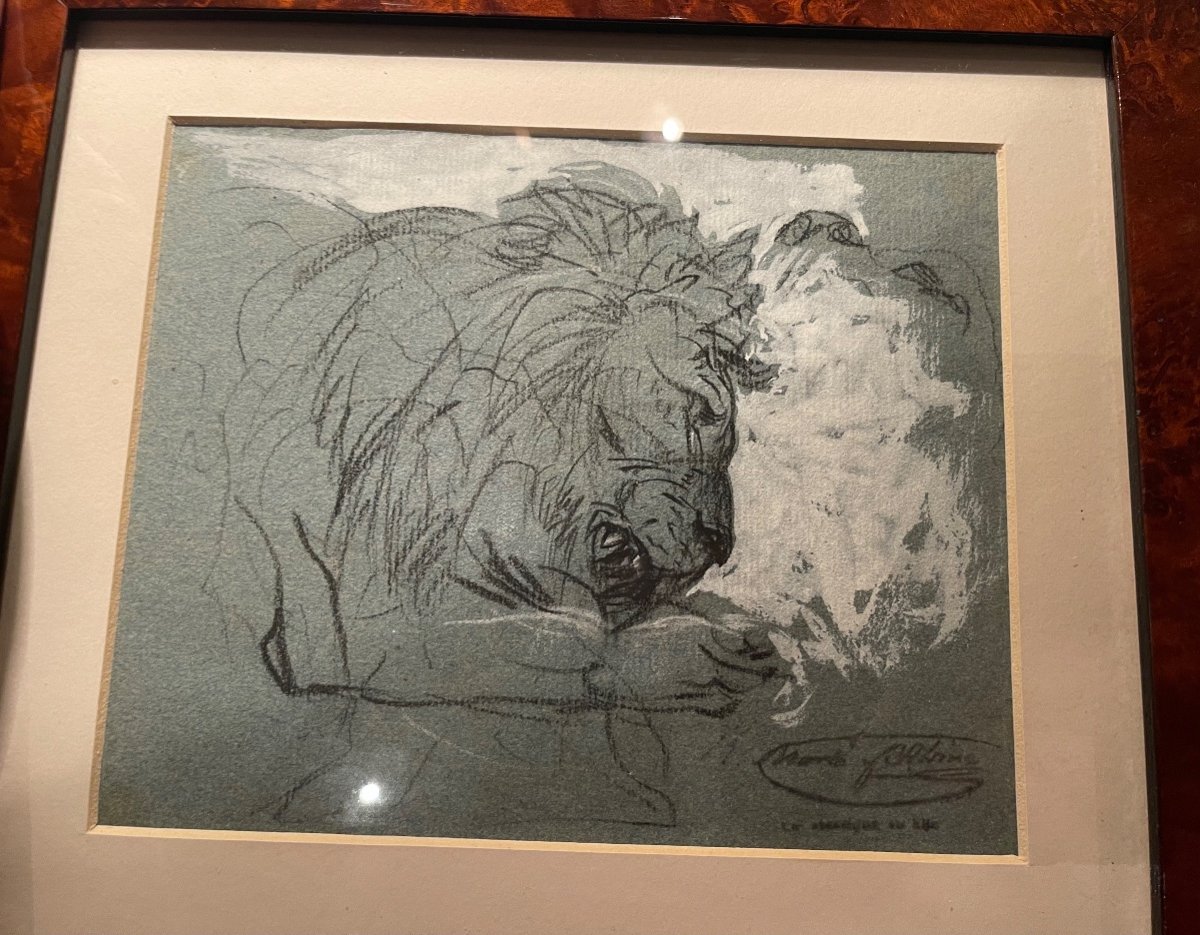 Ramon Martí Alsina (1826-1894). Lion. Crayon Et Gouache. Animalisme.-photo-3