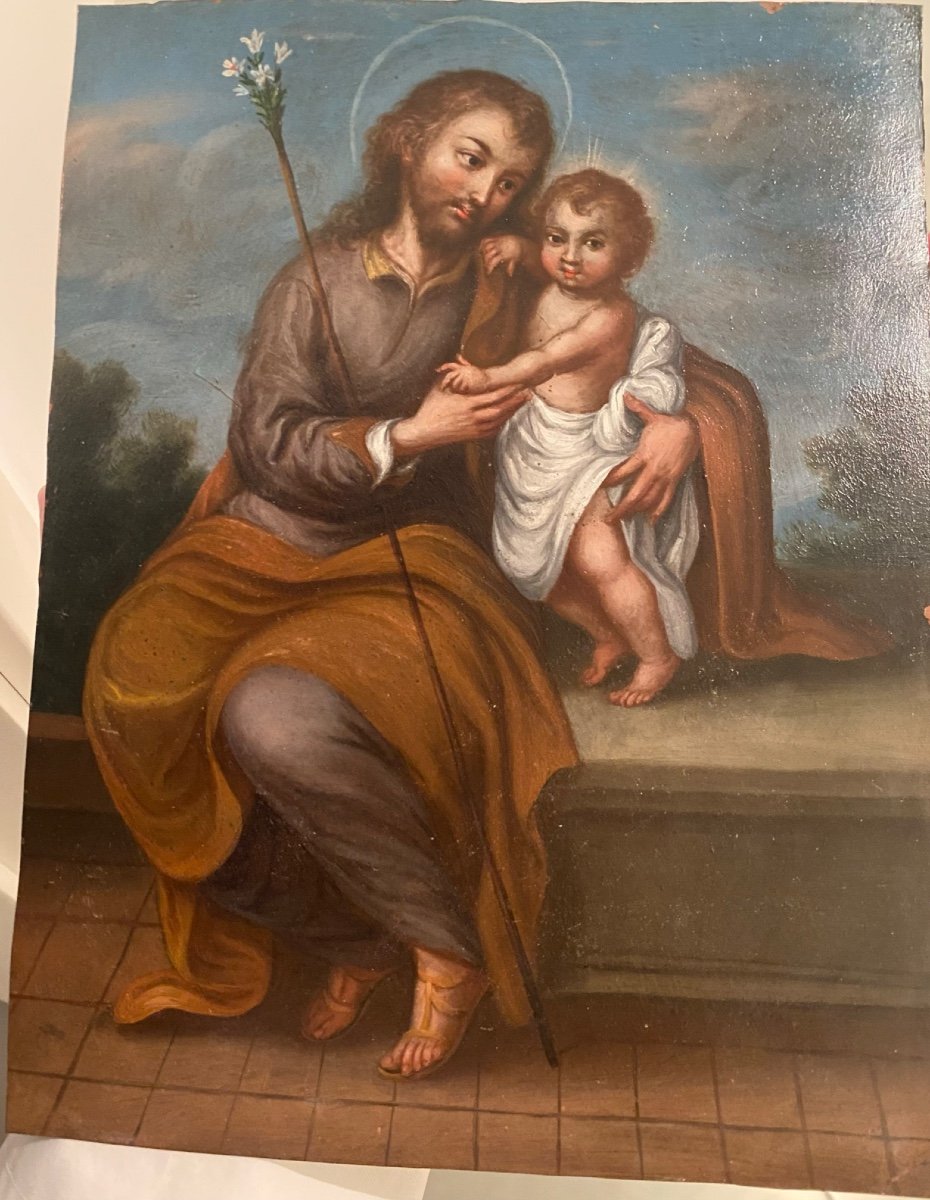 Saint Joseph Avec l'Enfant. Huile Sur Cuivre. école d'Espagnol. XVIIe Siècle.