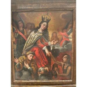Virgin Saving Souls From Purgatory. Peruvian School XVIIth Century. Oil On Canvas.