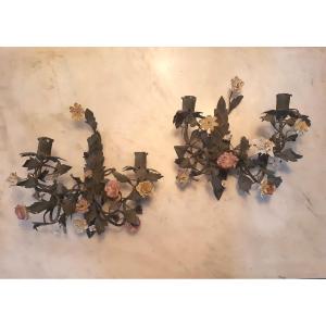 Paire d'Appliques Fleurs Porcelaine