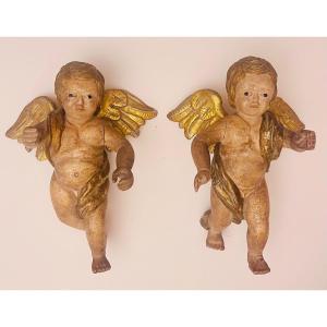 Paire De Putti Bois Doré 17eme Italie