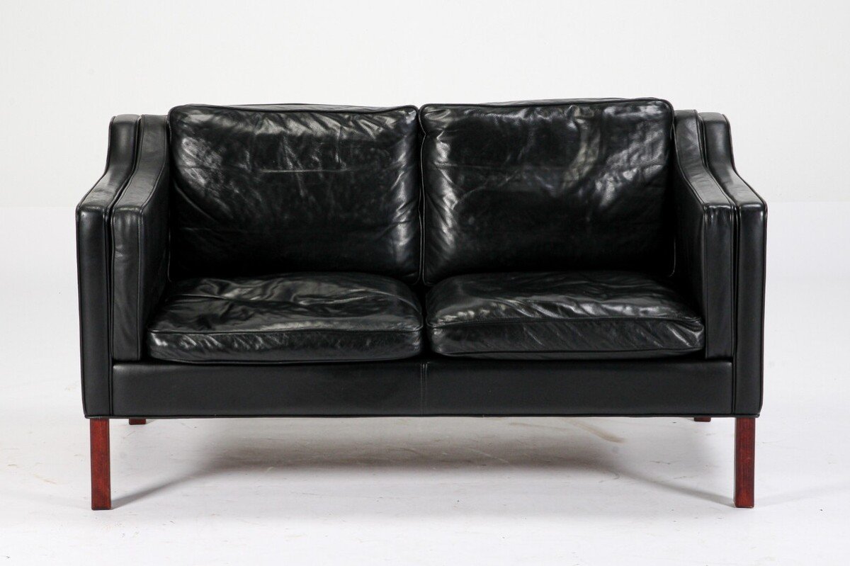 Black Leather Sofa In The Style Of Borge Mogensen, Denmark 1980s