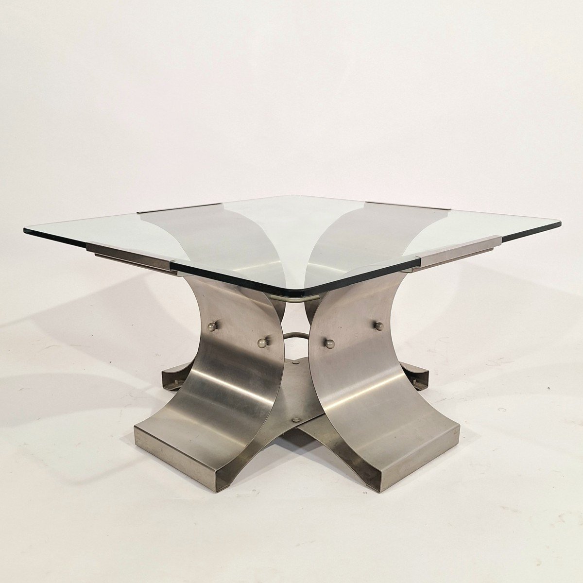 Table Basse Inox Et Verre, Michel Boyer, Années 1970'-photo-3