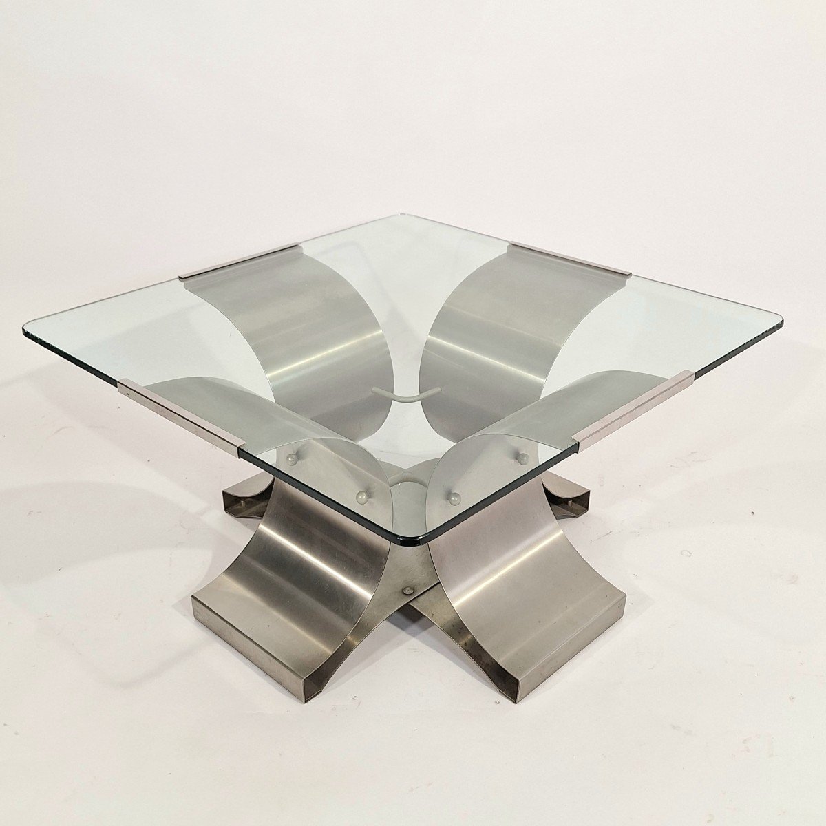 Table Basse Inox Et Verre, Michel Boyer, Années 1970'-photo-2