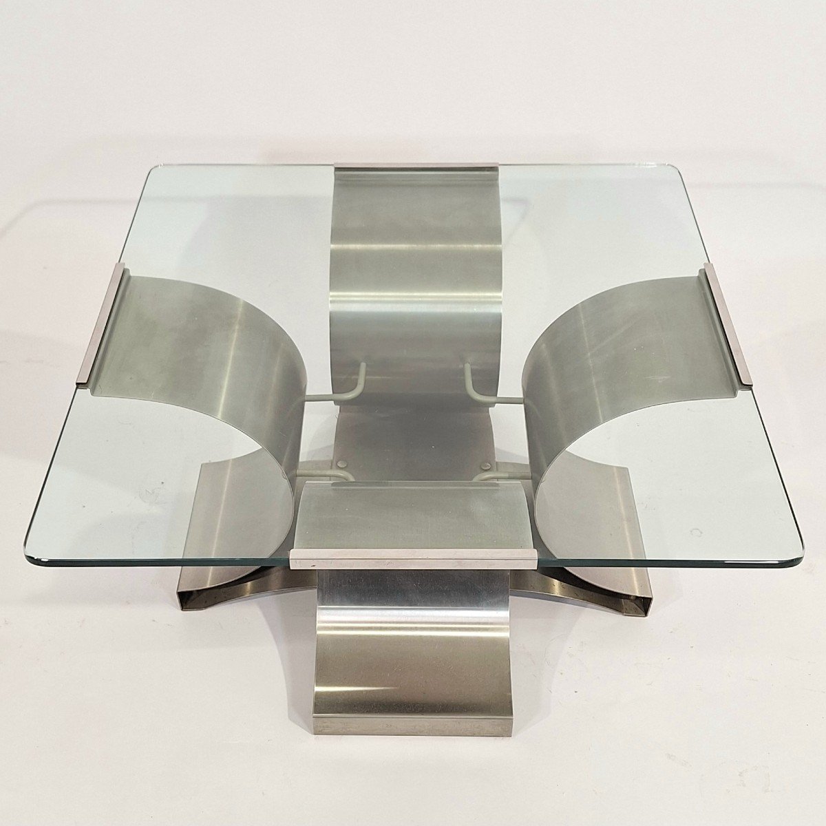 Table Basse Inox Et Verre, Michel Boyer, Années 1970'-photo-3