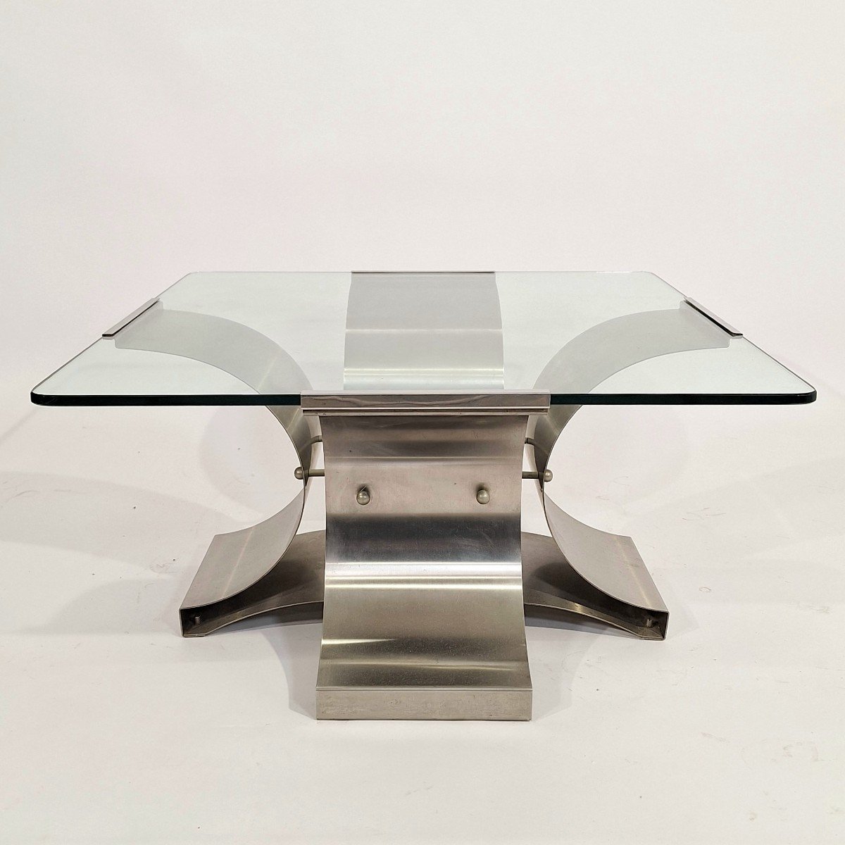 Table Basse Inox Et Verre, Michel Boyer, Années 1970'-photo-4