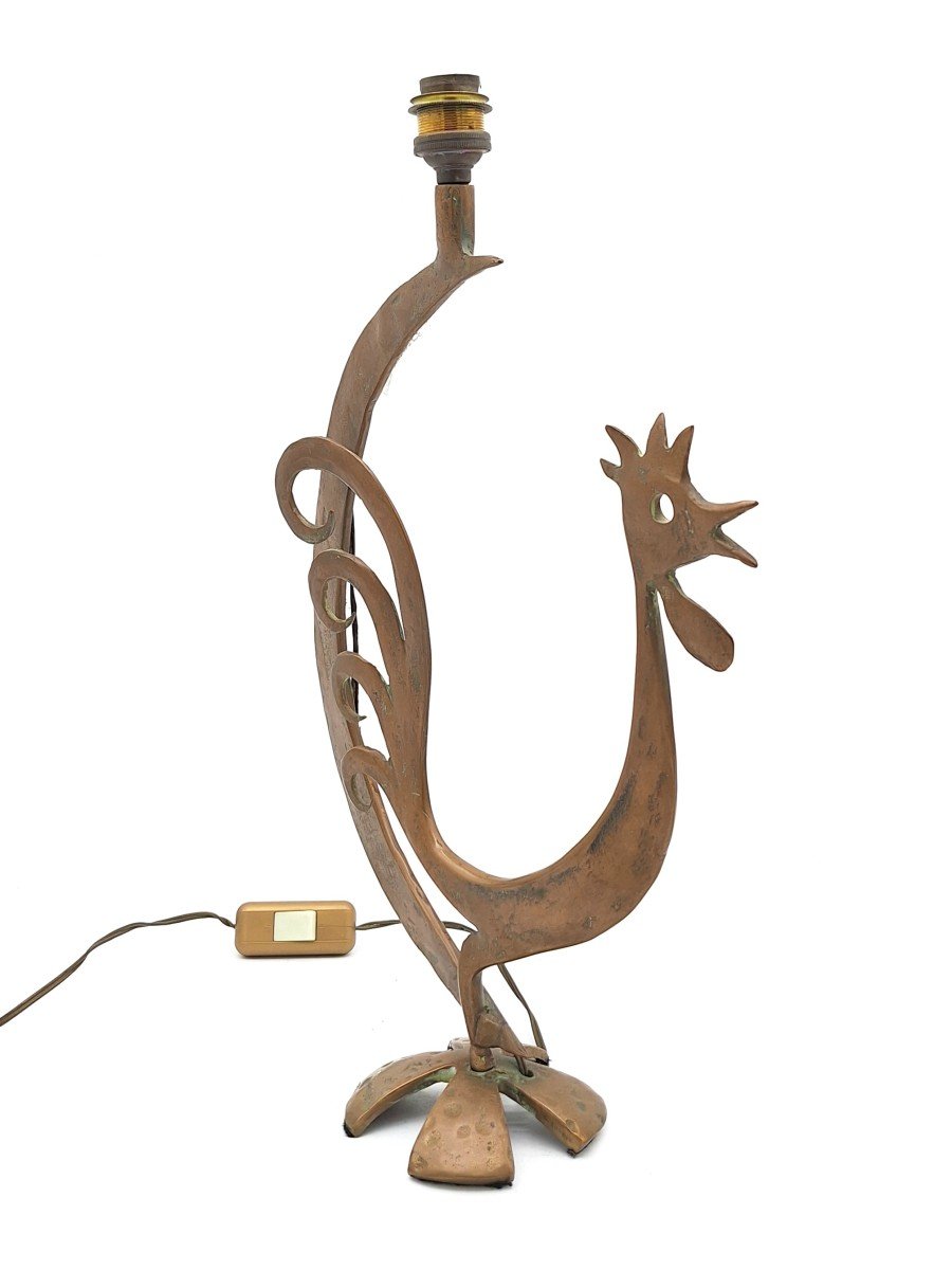 Patinated Bronze Lamp, Rooster Motif, Jean Touret 1970-photo-3