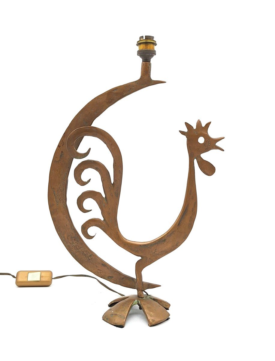 Patinated Bronze Lamp, Rooster Motif, Jean Touret 1970