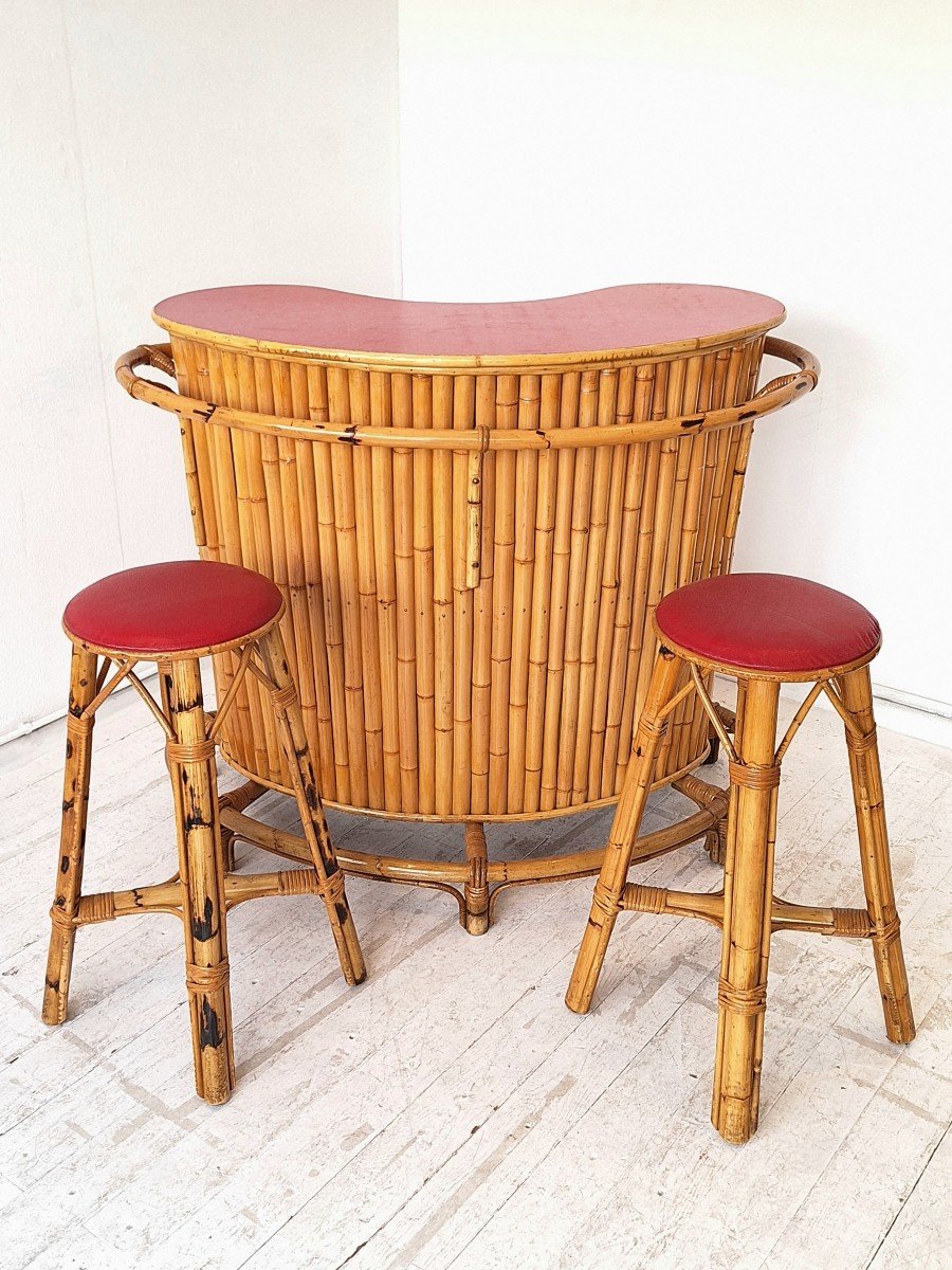 Bar Tiki En Bambou Et Formica Rouge, Années 1950'-photo-4