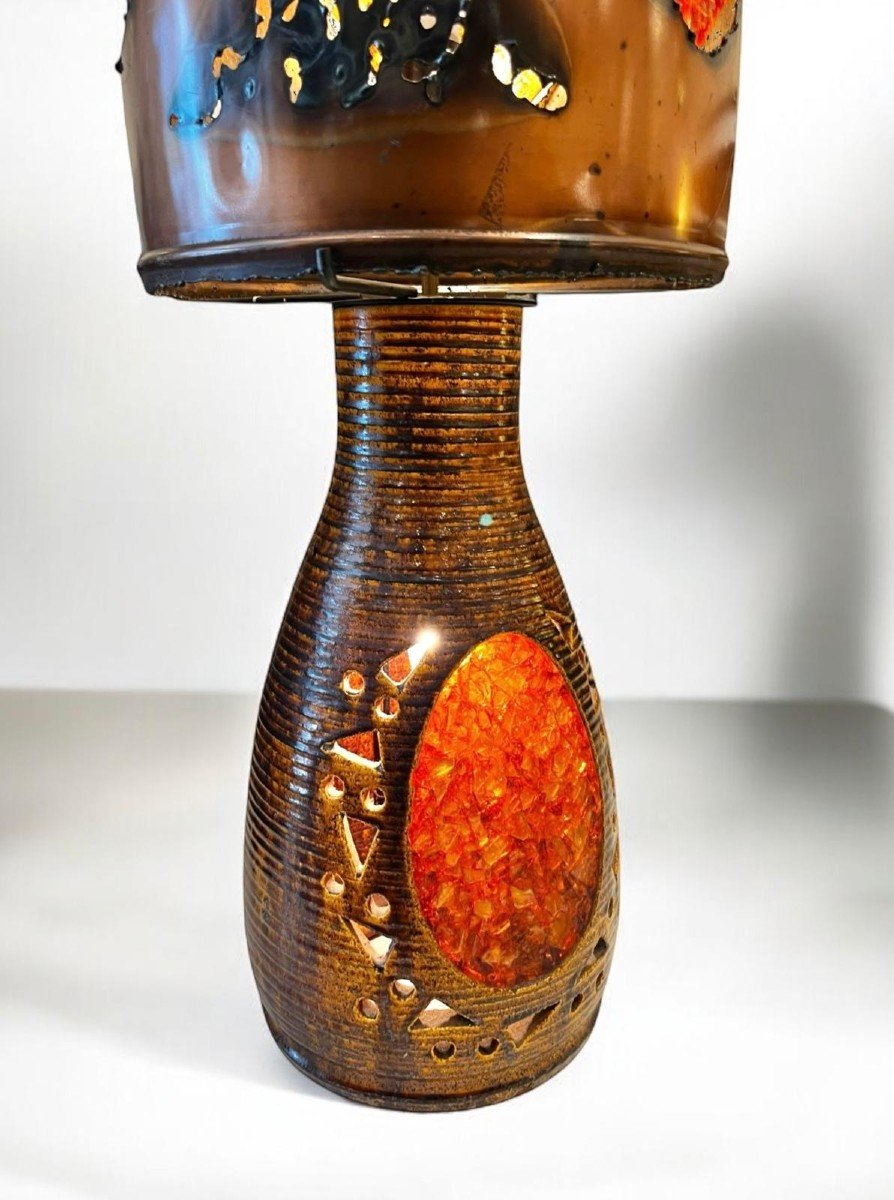 Large Accolay Table Lamp, Amber Resin Inclusions And Copper Lampshade -photo-2