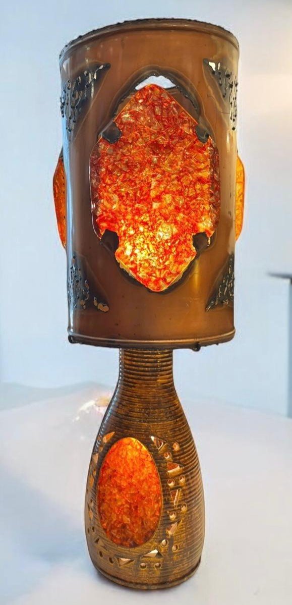 Large Accolay Table Lamp, Amber Resin Inclusions And Copper Lampshade 