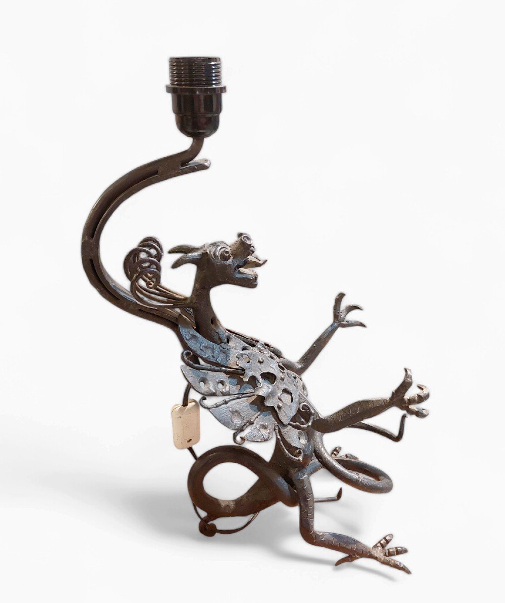 Lampe à Poser En Fer Forgé Figurant  Un Dragon, Ca 1930-photo-2