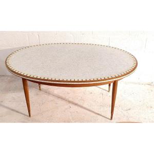 Oval Coffee Table In Mosaic, Wood And Brass By Berthold Muller 1950s